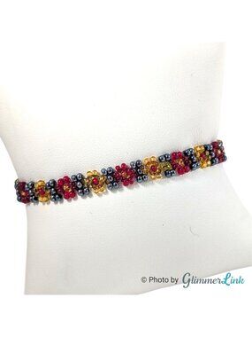 Seed Bead Floral Bracelet Red Yellow Blue Adjustable